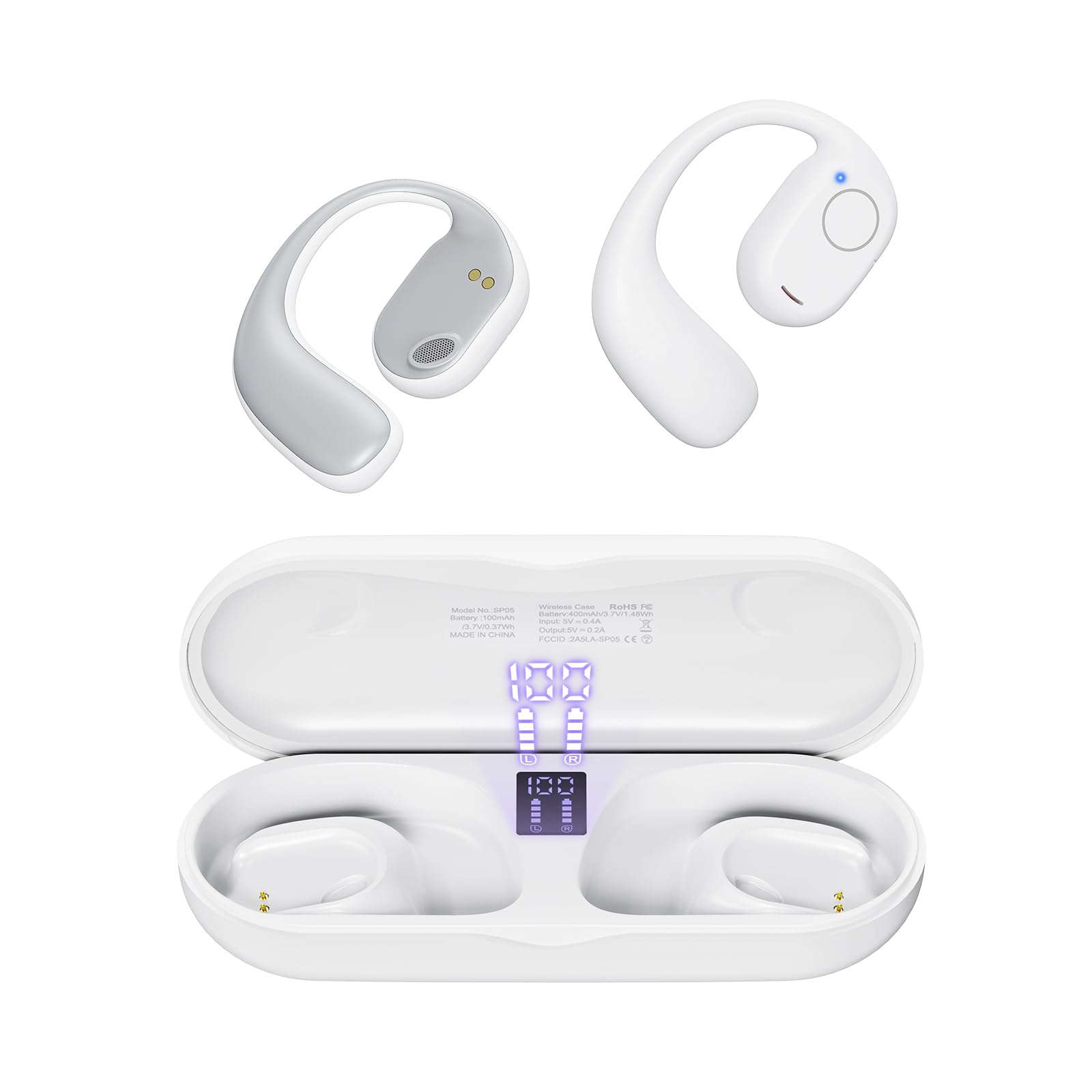 PSIER Open Ear Bluetooth Headphones, 40 Hours Playtime Bluetooth 5.3 Wireless Sports Earbuds with Digital Display Charging Case,