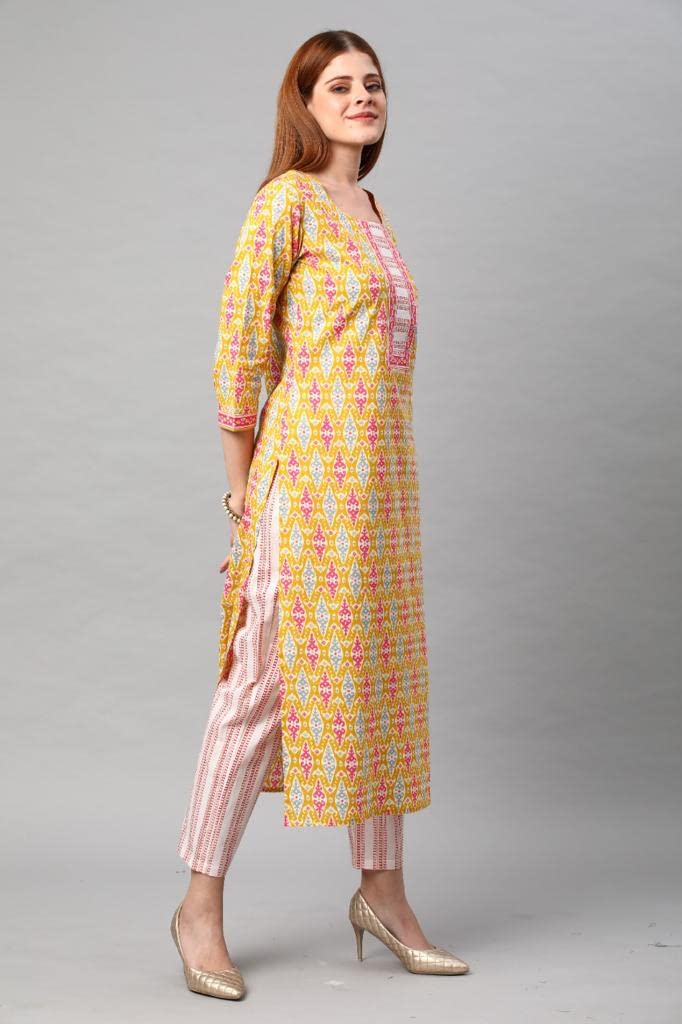 Gosriki Women'S Cotton Blend Traditional Straight Printed Kurta And Pant Set (Behan Yellow_L-Gs_Yellow_Large),Yellow,,B0BNNLLTJH