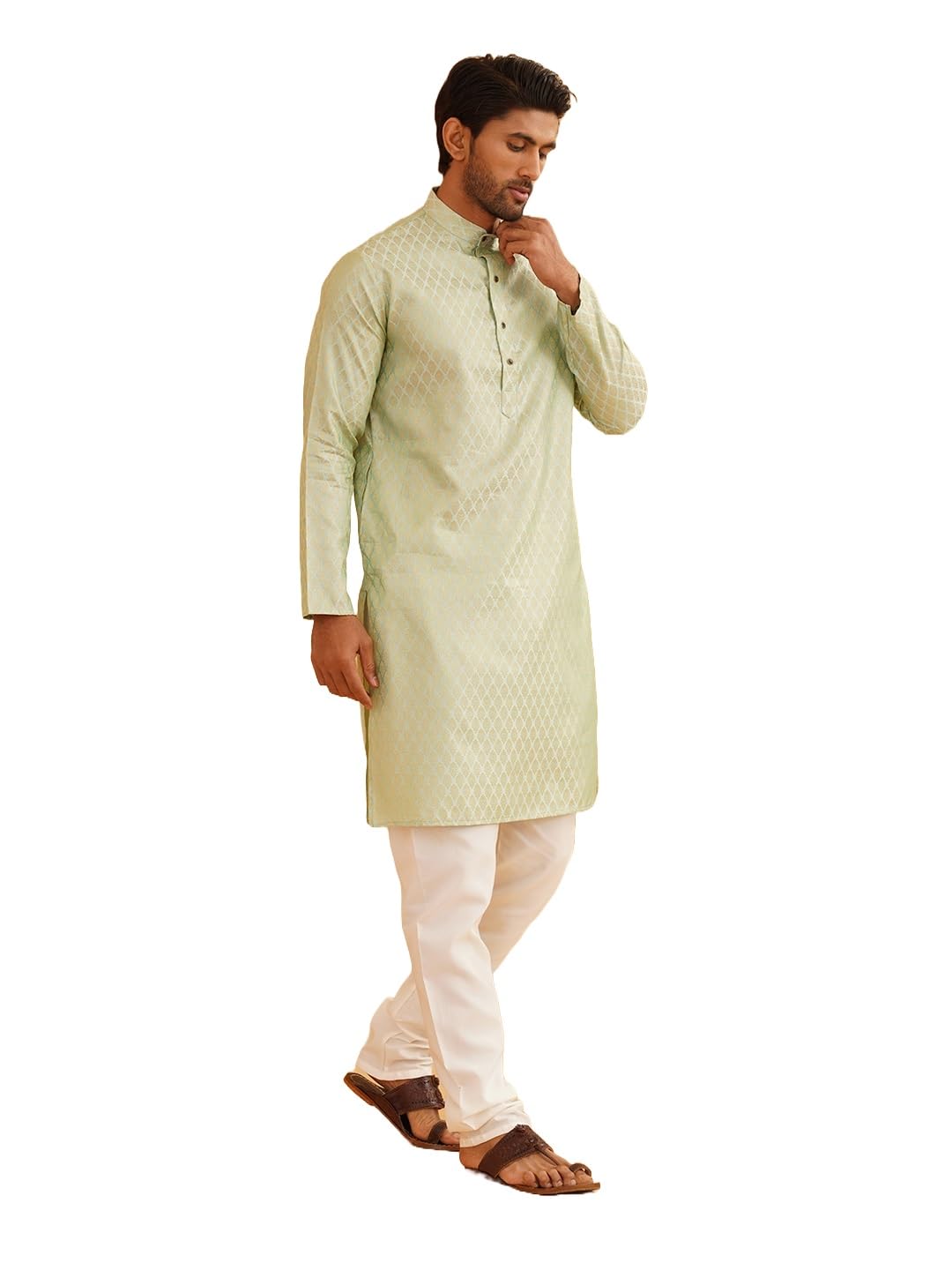Sojanya (Since 1958 Men'S Jacq Silk Pista Green Self Design Kurta & Off-White Churidar Pyjama Set Size 44