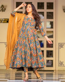 Anni Designer Women'S Rayon Blend Bagru Printed Anarkali Kurta With Pant & Dupatta (Locket-Multi_Xxl_Mustard_Xx-Large),Mustard,2XL,Rayon Blend,Anarkali,