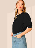 Wedani Women'S Casual Puff Sleeves Round Collor Solid Top (Medium Black),Black,M,Polyester,Regular,