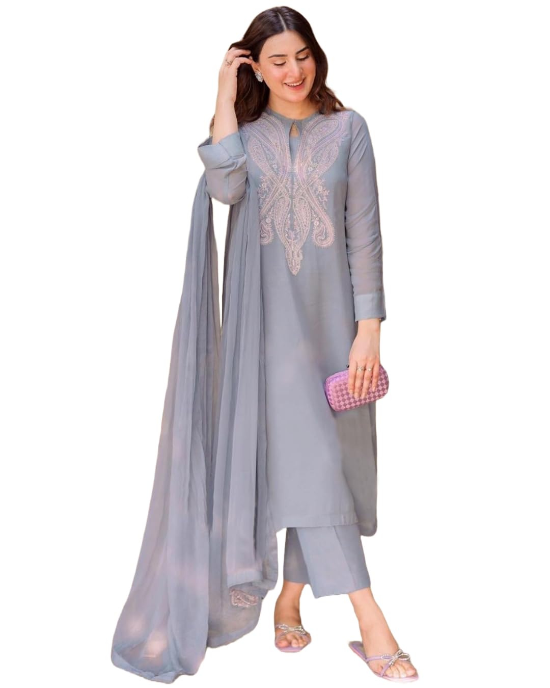 Anni Designer Women'S Cotton Blend Embroidered Straight Kurta With Pant & Dupatta (Gudali Blue_5Xl_Blue_Xxxxx-Large),Blue,5XL