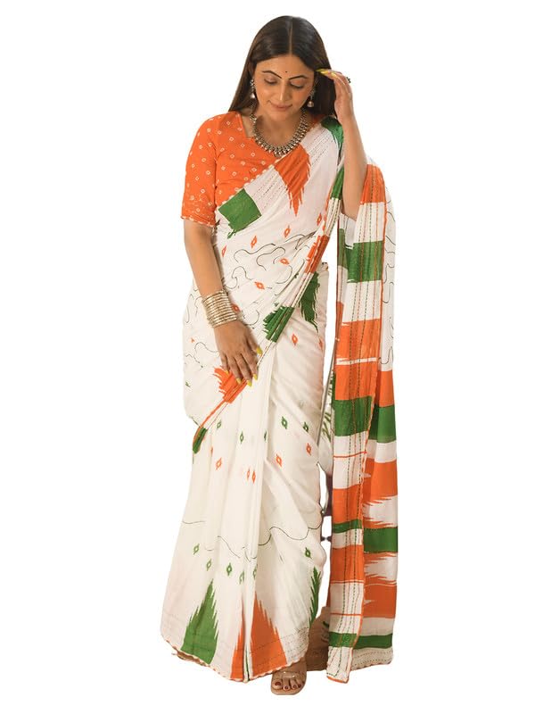 Satrani Women's Cotton Printed & Mirror Work Ready To Wear Republic Day Special Tricolor Saree with Unstitched Blouse Piece (339