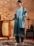 Libas Womens Embellished Muslin Straight Kurta With Trousers And Dupatta Green L