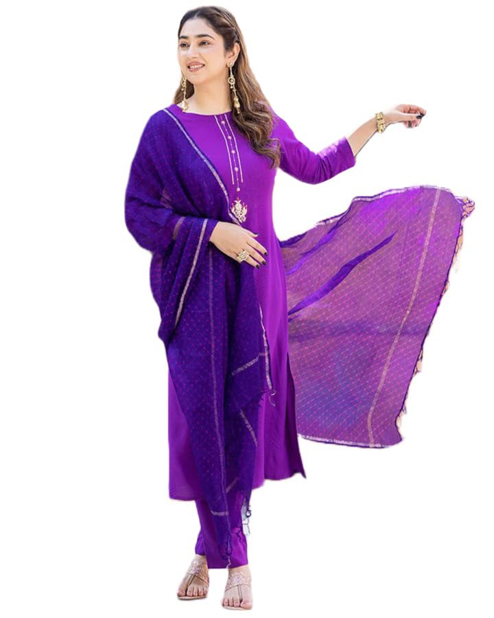 Gosriki Women'S Cotton Blend Straight Solid Kurta With Pant & Dupatta (Marg Purple-Gs_S_Purple_Small),Purple,,B0CD7SJZ6R