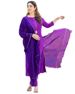 Gosriki Women'S Cotton Blend Straight Solid Kurta With Pant & Dupatta (Marg Purple-Gs_S_Purple_Small),Purple,,B0CD7SJZ6R