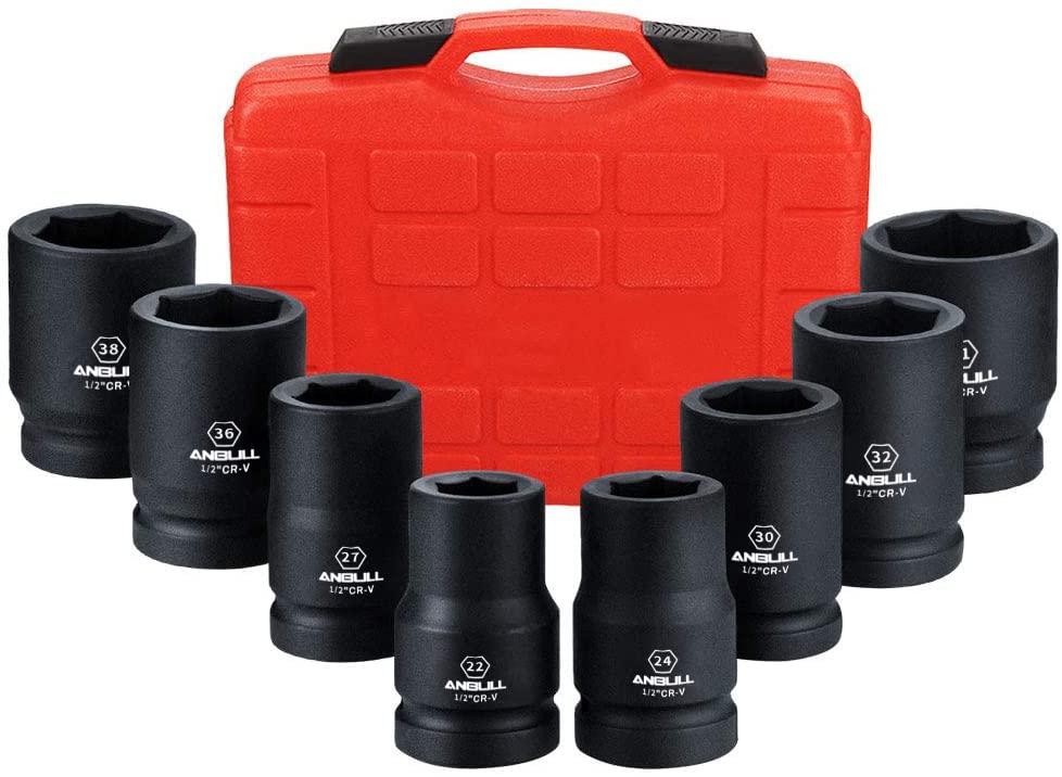 Anbull 1 Drive Jumbo Impact Socket Set, 9 Pieces Universal Hex Deep Socket Set With Heavy Duty Storage Case, Metric And Standa