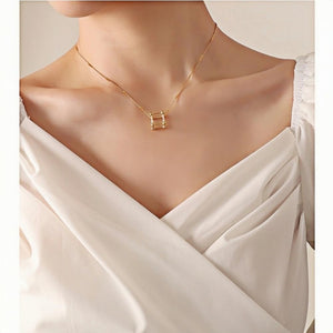 Gold Geometric Cube Necklace 3D Stainless Steel Structure Pendant on 40+5cm Chain Minimalist Modern Jewelry