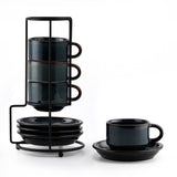 JIEMEI HOME Porcelain Stackable Espresso Cups with Saucers and Metal Stand, 4 Ounce Demitasse Cups for Specialty Coffee Drinks, 