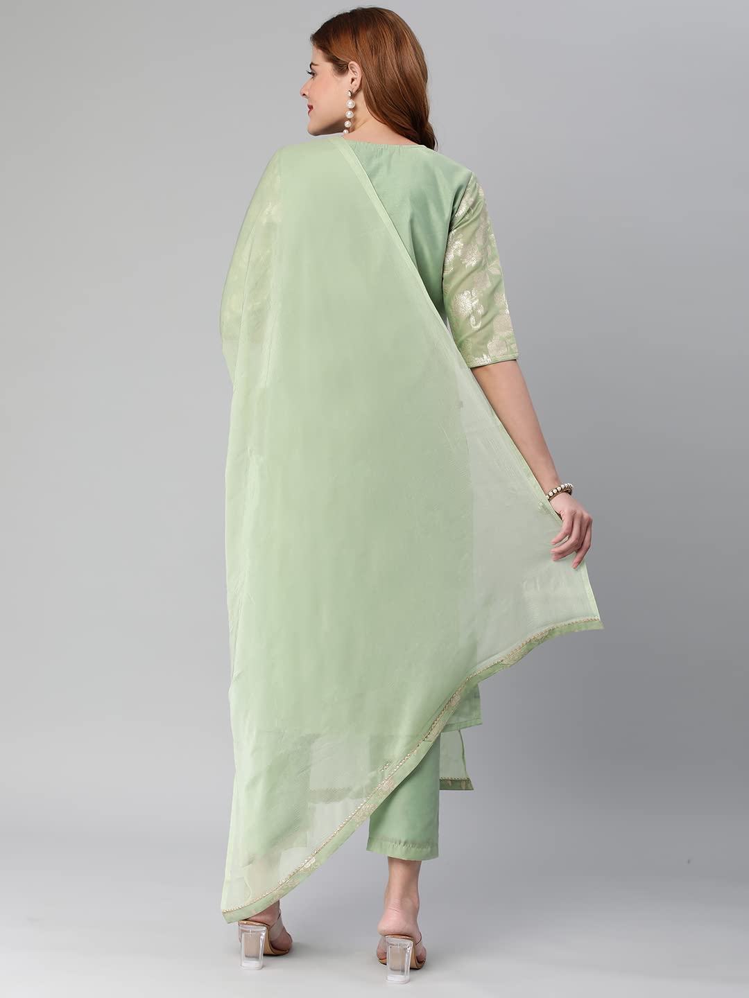 Anni Designer Women'S Banarasi Woven Straight Embellished Printed Kurta With Pant & Dupatta (Kabzaa-Pista_Xxl_Pista_Xx-Large),Pista,2XL,Silk,Regular,