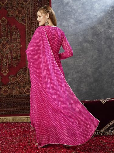 Anni Designer Women'S Georgette Lehariya Printed Anarkali Kurta With Pant & Dupatta (Mothda-Pink-Jl_Xl_Pink_X-Large),Pink,XL,Cotton Blend,Anarkali,Kurta, Scarf
