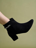 Shoetopia Women'S Black Suede Ankle Boots With Block Heel And Rhinestone Knot Detail||Side Zip Fashion Booties For Fall & Winter Eu41,Black,8,B0DM67SH8Q