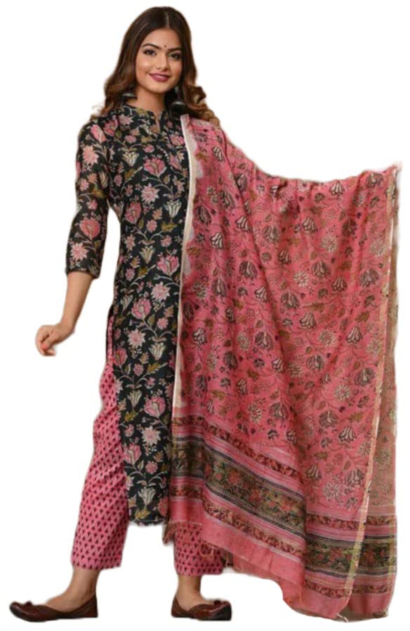 Gosriki Women'S Cotton Blend Straight Printed Kurta With Pant & Dupatta (Green-Jorav-Gs_Xxl_Green_Xx-Large),Green,2,B0BWFN7RHG