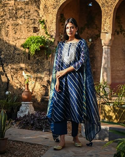 Gosriki Women'S Embroidered Kurti & Kurti Pant Dupatta Set Combo Pack Of 2 (Doremi Navy & Kari Black-Gs_Xl_Multi_X-Large),Multicolour,,B0D17W222S