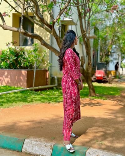 Anni Designer Women'S Rayon Blend Straight Printed Kurta With Pant (Risto Pink-Vks01_L_Pink_Large),Pink,L,Rayon Blend,Regular,