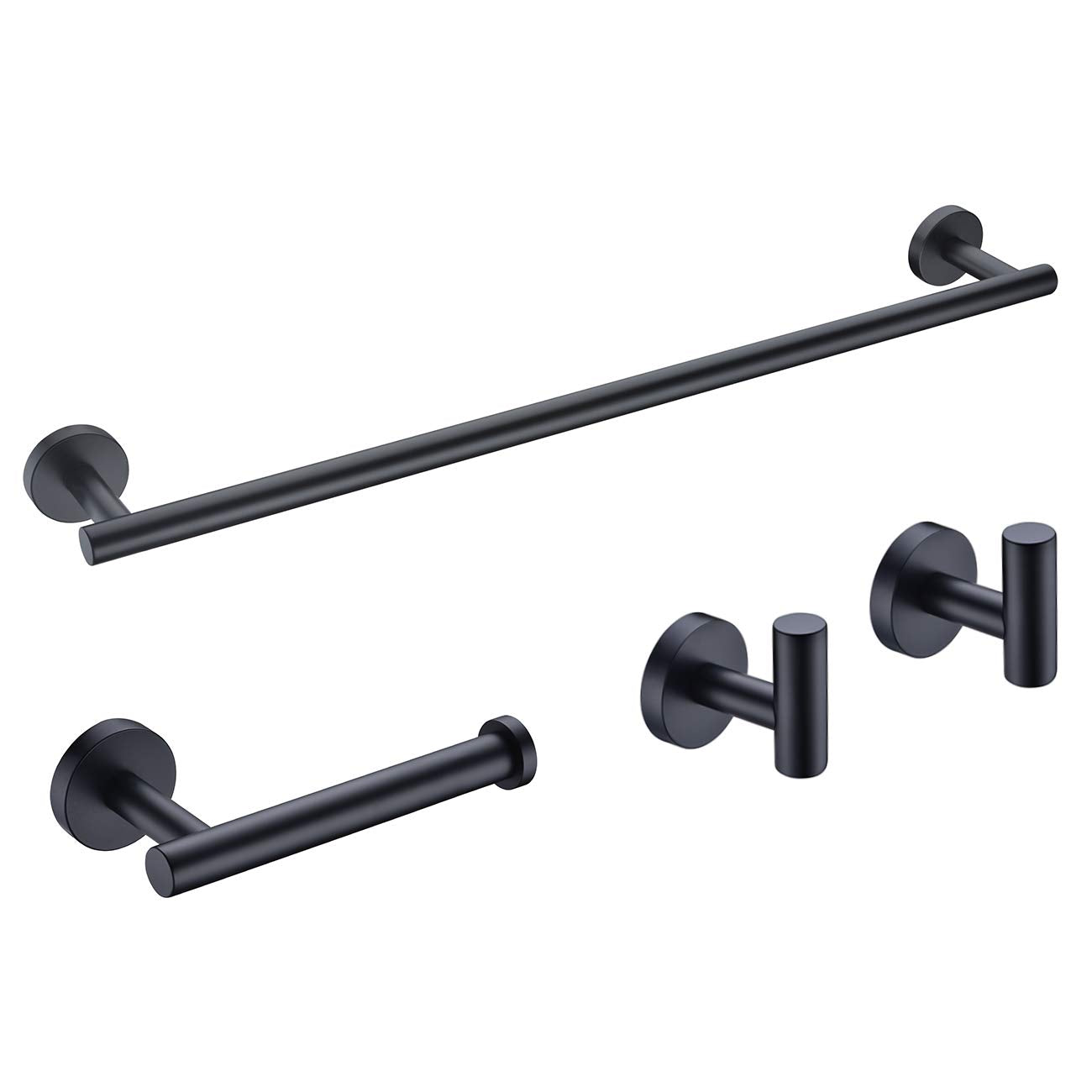 Hoooh Matte Black 4-Piece Bathroom Accessories Set Stainless Steel Wall Mount - Includes 24 Single Towel Bar, Toilet Paper Hol