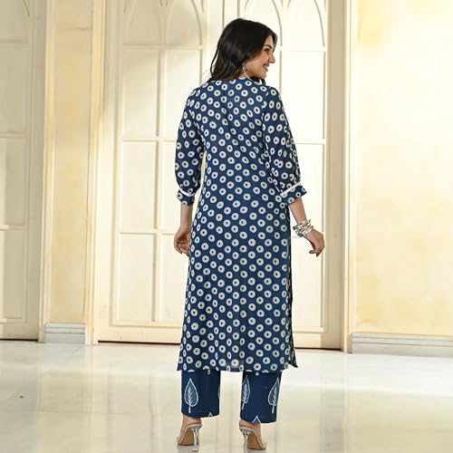 Anni Designer Women'S Cotton Blend Straight Fit Printed Kurta With Pant (Nagina Blue_M_Purple_Medium),Blue,M,Cotton Blend,Nagina Blue_1360,Kurta
