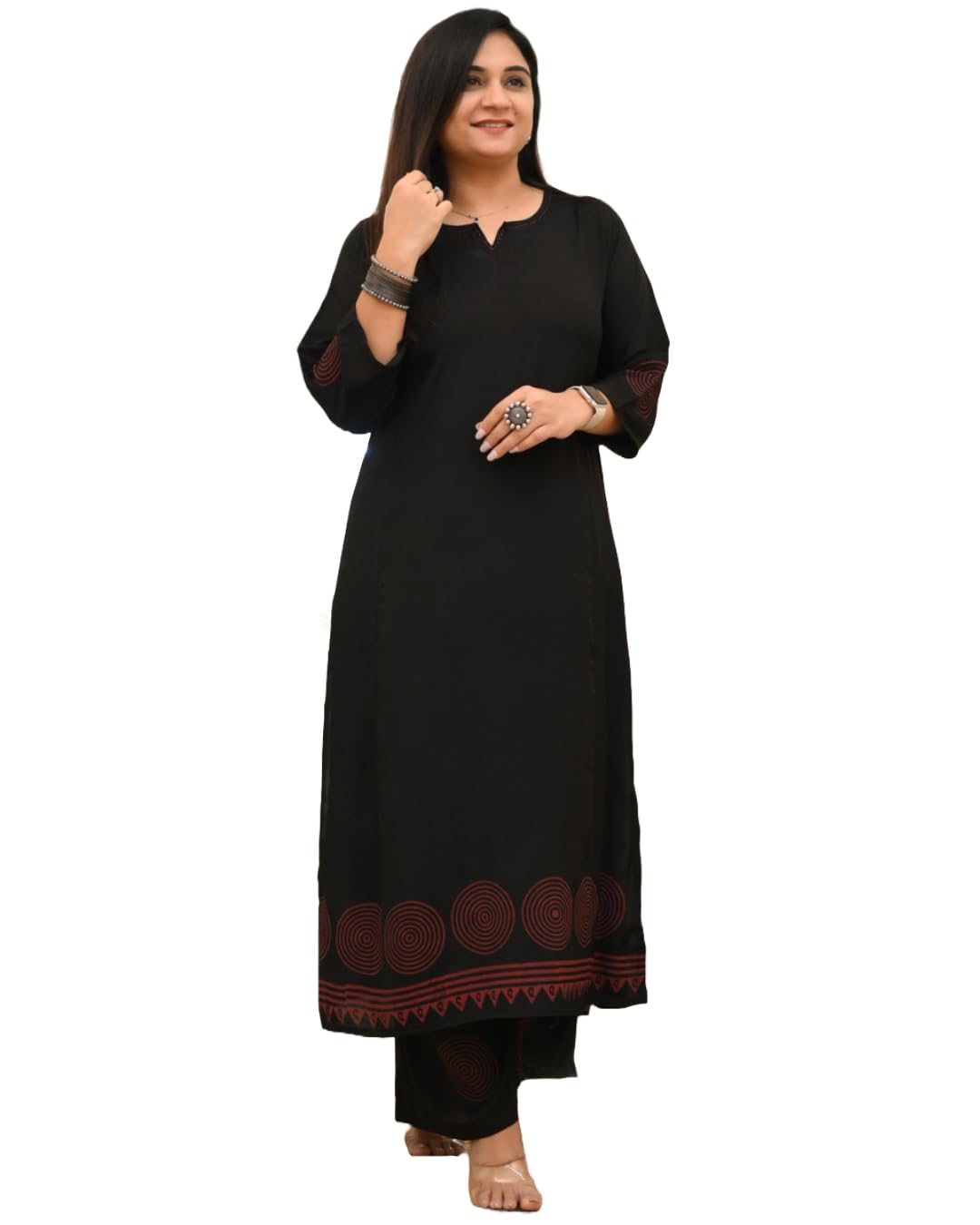 Anni Designer Women'S Rayon Viscose Anarkali Printed Kurta With Pant (Ramkund Black_Xl_Black_X-Large),Black,XL