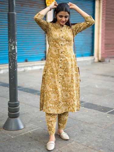 Gosriki Women'S Rayon Blend Straight Printed Kurta With Pant (Malvina Mustard-Gs_Xxl_Mustard_Xx-Large),Mustard,2,B0DFPH59HF