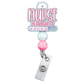 Pink Nurse in Progress Badge Reel Cute Sparkling Glittery Acrylic ID Name Holder with Retractable Clip Hospital Clinic Accessori