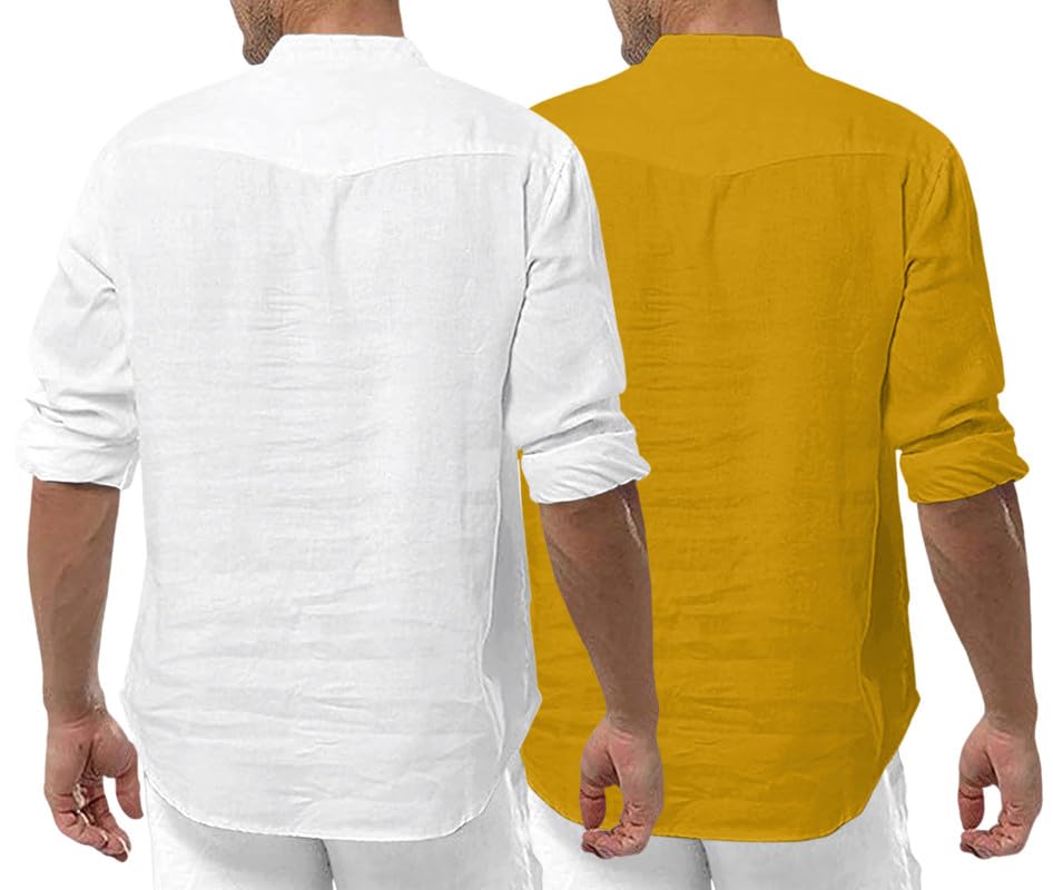 Royalscout Men'S Cotton Polyester Blend Solid Regular Fit Full Sleeve Short Kurta | Ethnic, Lightweight Summer Kurta For Daily & Occasion Use White-Gold