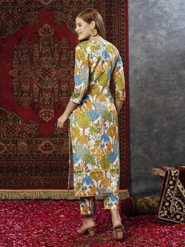 Anni Designer Women'S Cotton Blend Straight Printed Kurta With Pant (Samlok Sky Blue_L_Sky Blue_Large),Sky Blue,L,Cotton Blend,Regular,