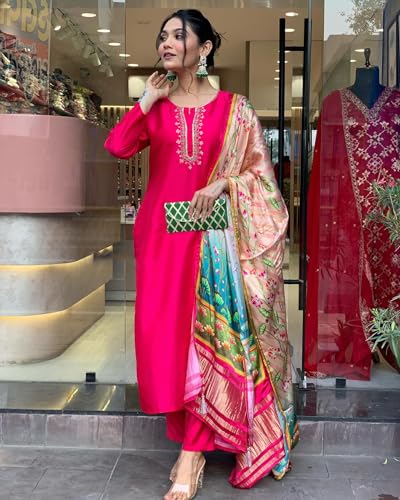 Anni Designer Women'S Rayon Blend Embroidered Straight Kurta With Pant & Dupatta (Ocb Pink_Vks-01_Xxl_Pink_Xx-Large),Pink,2XL,Rayon Blend,Straight,