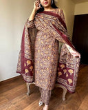 Anni Designer Women'S Rayon Blend Straight Printed Kurta With Pant & Dupatta (Maslona Maroon_L_Maroon_Large),Maroon,L,Rayon Blend,Regular,