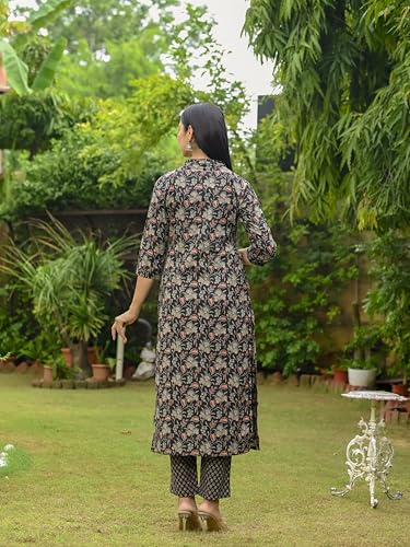 Anni Designer Women'S Rayon Blend Straight Printed Kurta With Pant (Ommy Black_M_Black_Medium),Black,M,Rayon Blend,Regular,
