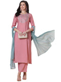 Anni Designer Women'S Rayon Viscose Embroidered Straight Kurta With Pant & Dupatta (Meja Pink_M_Pink_Medium),Pink,M,,,