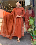 Anni Designer Women'S Rayon Viscose Anarkali Printed Kurta With Pant & Dupatta (Hamlet Orange_3Xl_Orange_Xxx-Large),Orange,3XL,Rayon,Anarkali,