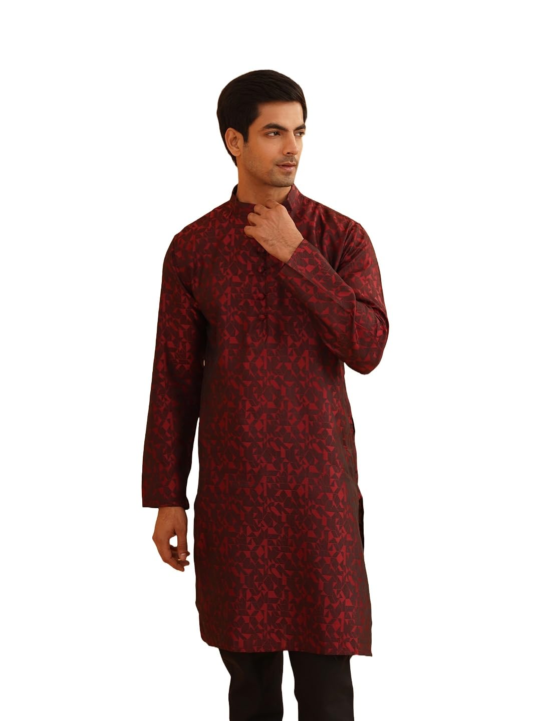 Sojanya (Since 1958 Men'S Maroon Jacquard Silk Only Long Kurta Size: Xl