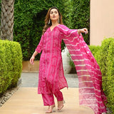Anni Designer Women'S Rayon Blend Straight Bandhej Printed Kurta With Pant & Dupatta (Baghira Pink-Vks01_Xl_Pink_X-Large),Pink,XL,Rayon Blend,Regular,