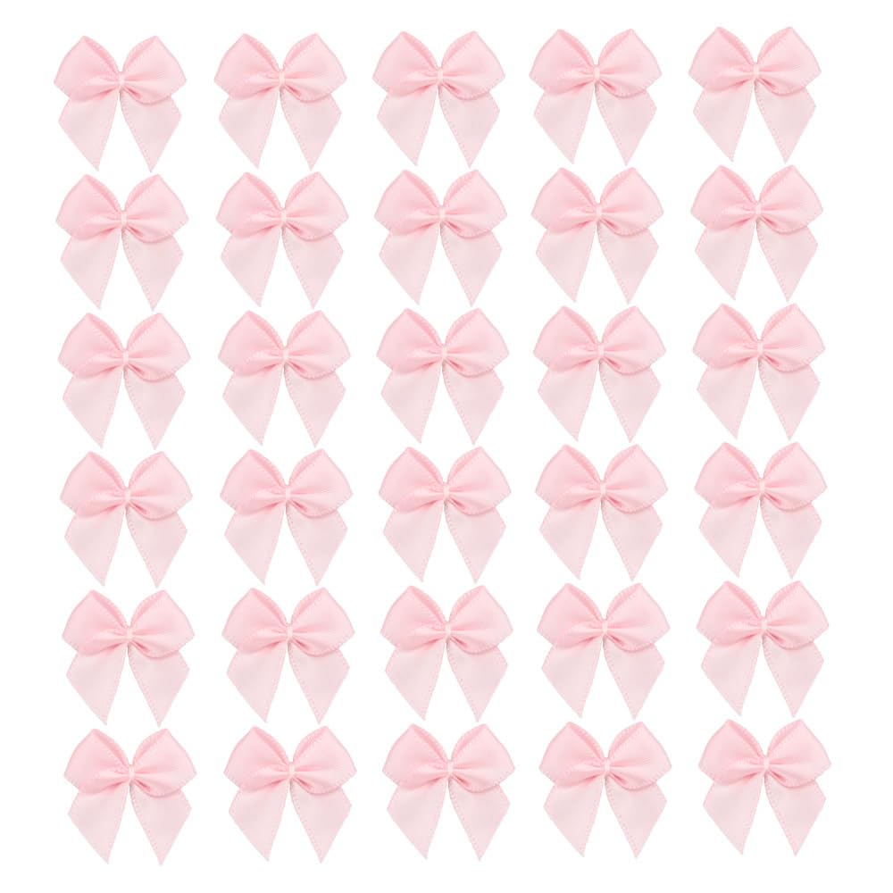 7Rainbows 50pcs Boutique Mini Pink Satin Ribbon Bows Flowers Appliques DIY Craft for Sewing Scrapbooking Wedding and Gift