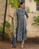 Gosriki Women'S Rayon Blend Anarkali Printed Kurta With Pant & Dupatta (Junapith Blue-Gs_S_Blue_Small),Blue,,B0DFXZQ5V6
