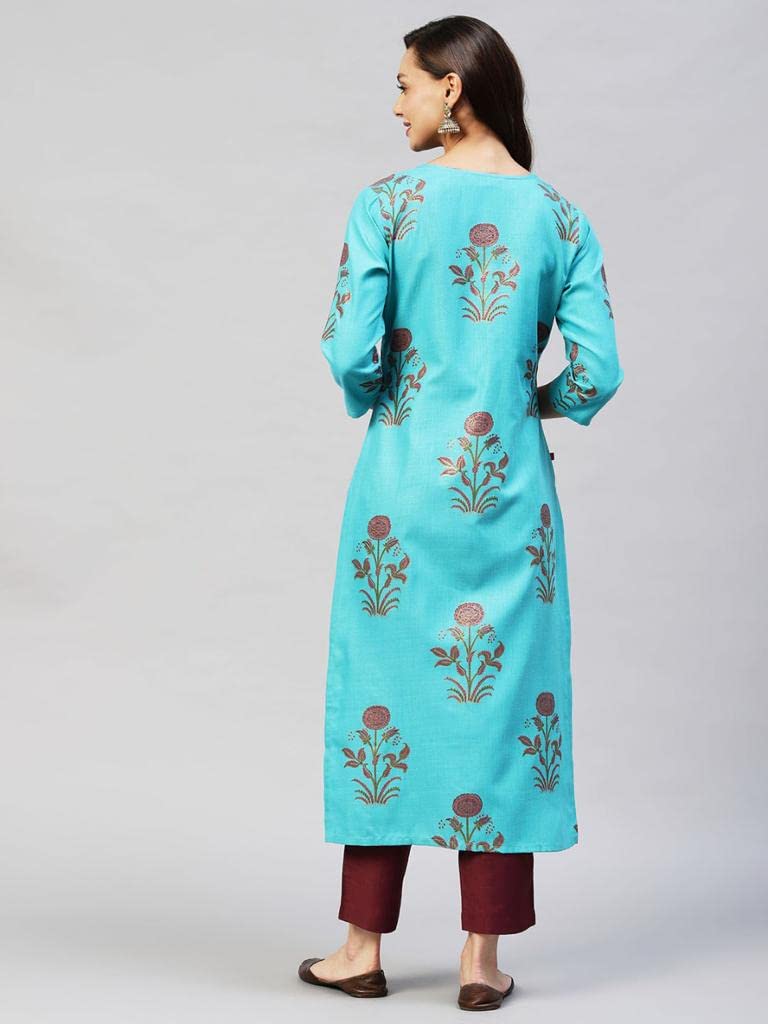 Gosriki Women'S Cotton Blend Printed Straight Kurta With Pant (Team-Sky_M-Go_Sky Blue_Medium),Sky Blue,,B0BBB77PPV