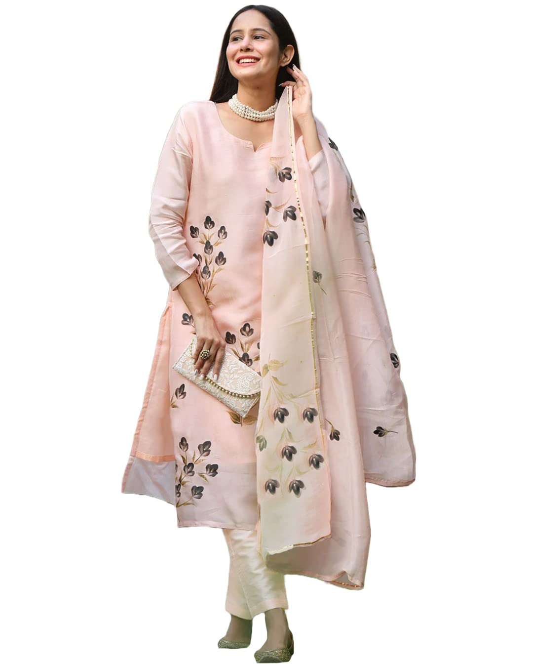 Anni Designer Women'S Cotton Blend Straight Printed Kurta With Pant & Dupatta (Brush-Peach_L_Peach_Large),Peach,L