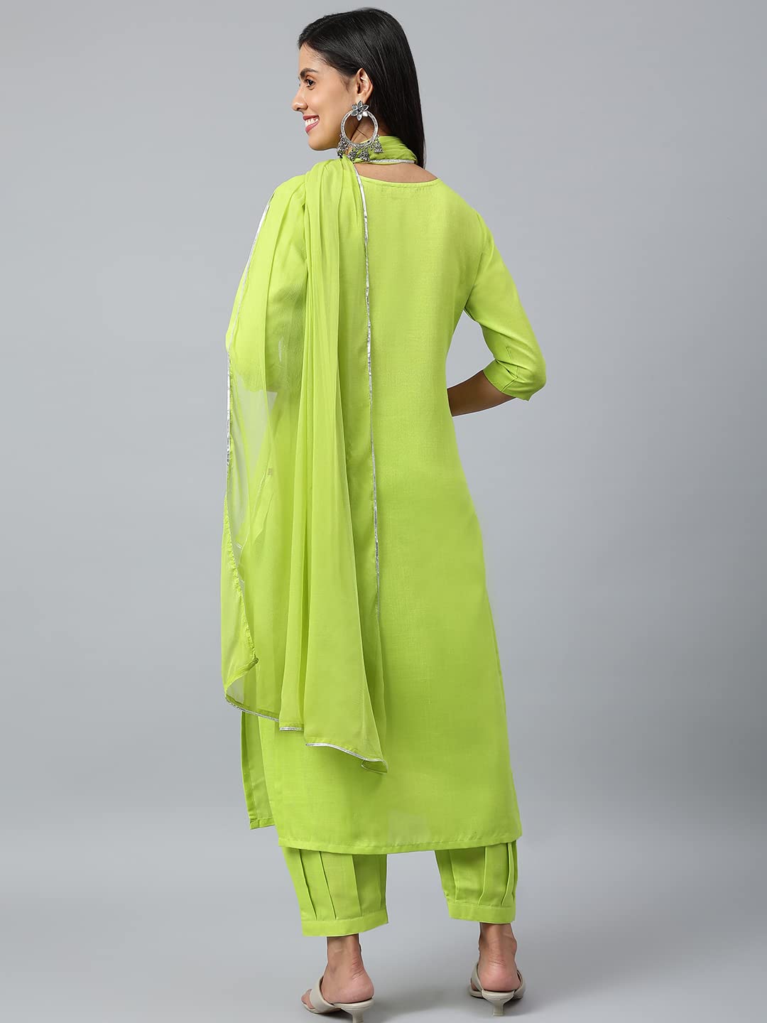 Anni Designer Women'S Cotton Blend Straight Solid Kurta With Pant & Dupatta (Jagu Green_Xxl_Green_Xx-Large),Green,2XL,Cotton Blend,Straight,Dupatta
