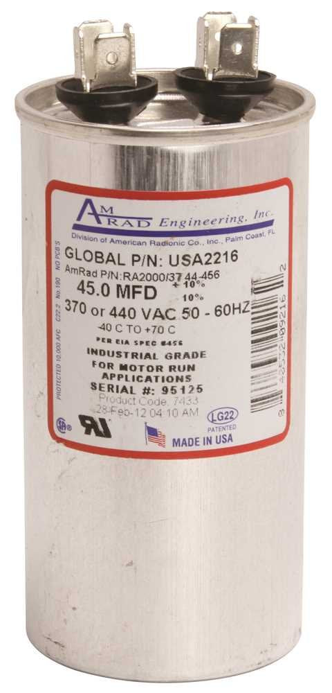 Amrad Engineering Usa2216 Series Round Usa-Made Motor Run Capacitor, 45 Mfd, 370/440 Vac-132331