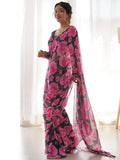 Satrani Women'S Georgette Printed Ready To Wear Saree With Unstitched Blouse Piece (3284S262Na_Black & Pink6)