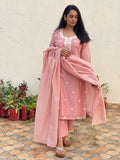 Anni Designer Women'S Cotton Blend Straight Embroidered Kurta With Pant & Dupatta (Yearend Pink_S_Pink_Small),Pink,S,Cotton Blend,Regular,