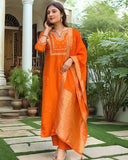 Gosriki Women'S Silk Blend Straight Embroidered Kurta With Pant & Dupatta (Manushi Orange-Vks03-Gs_Xl_Orange_X-Large),Orange,,B0F8QCGP1D