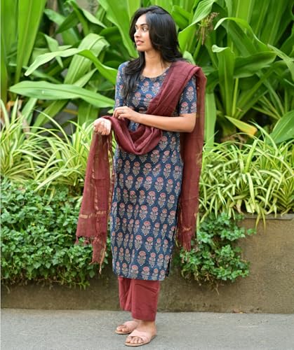 Anni Designer Women'S Cotton Blend Straight Printed Kurta With Pant & Dupatta (Kagni Blue_Xl_Blue_X-Large),Blue,XL,Cotton Blend,Regular,