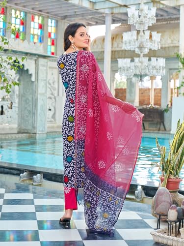 Anni Designer Women'S Cotton Blend Straight Printed Kurta With Pant & Dupatta (Khara Blue-Nds_M_Blue_Medium),Blue,M,Cotton Blend,ANNI DESIGNER Women's Cotton Blend Straight Printed Kurta with Pant & Dupatta (Khara Blue-NDS),