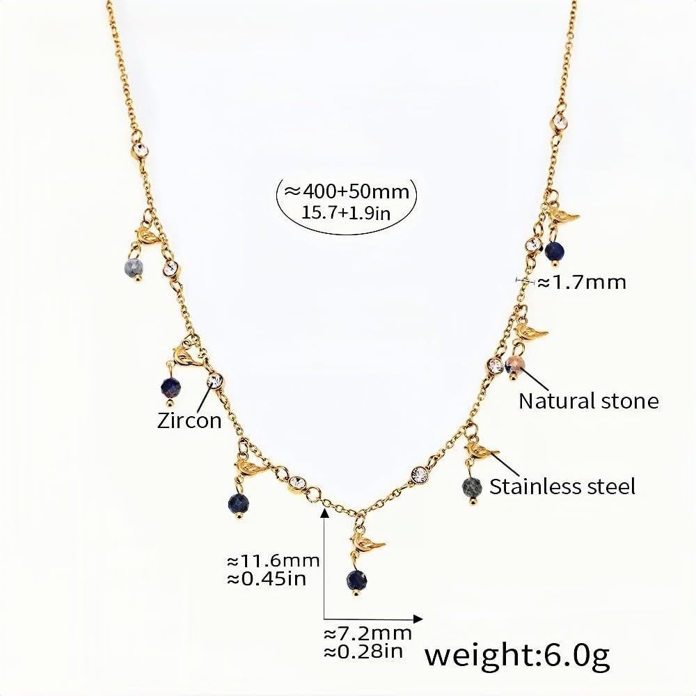 Moon & Stone Charm Necklace Gold Stainless Steel Chain with Zircon & Natural Stone Dangles Lightweight 6g