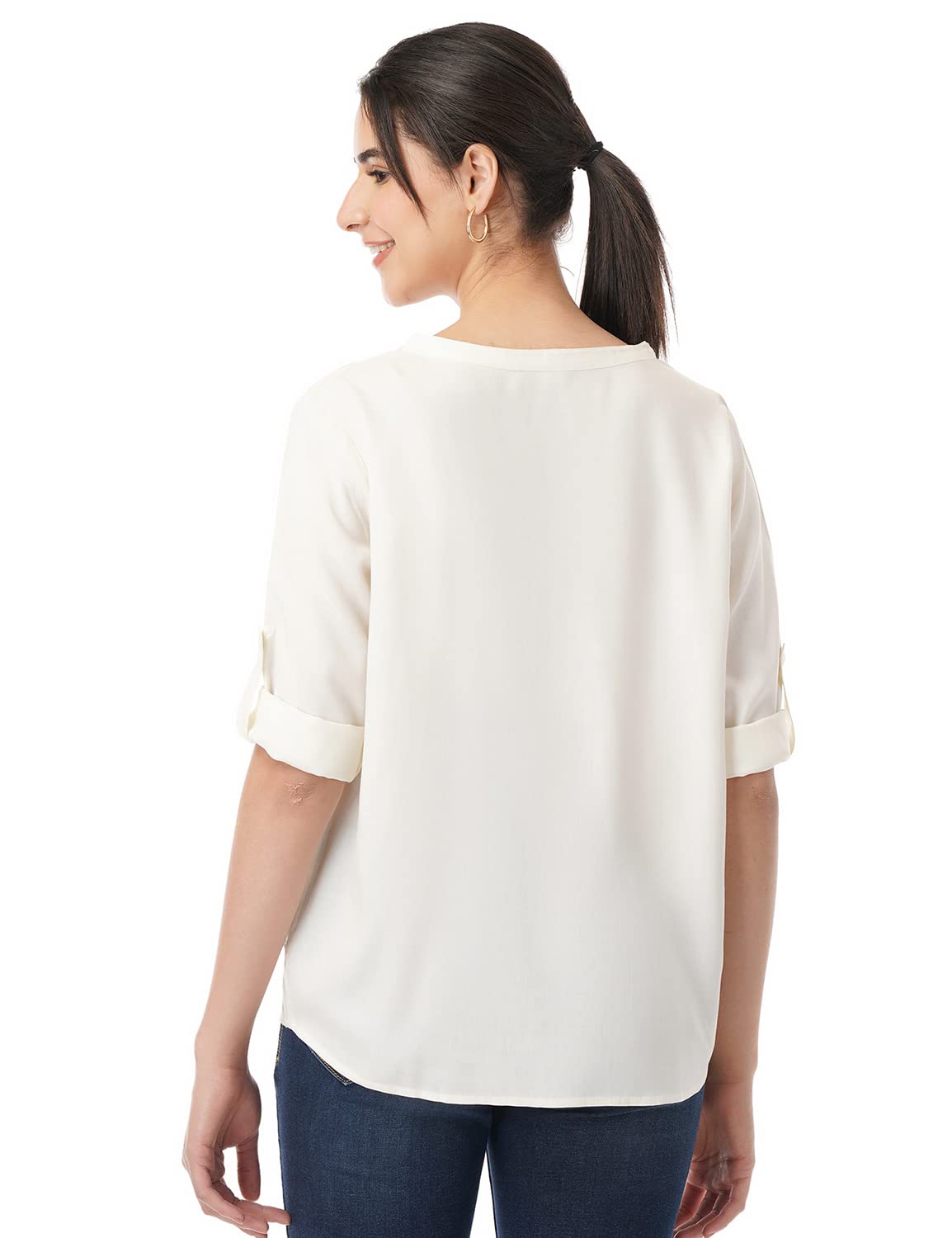 Fyltr Women'S Fashion V-Neck Top With Roll-Up Sleeves