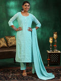 Libas Womens Embroidered Silk Blend Straight Kurta With Palazzos And Dupatta Blue 2Xl