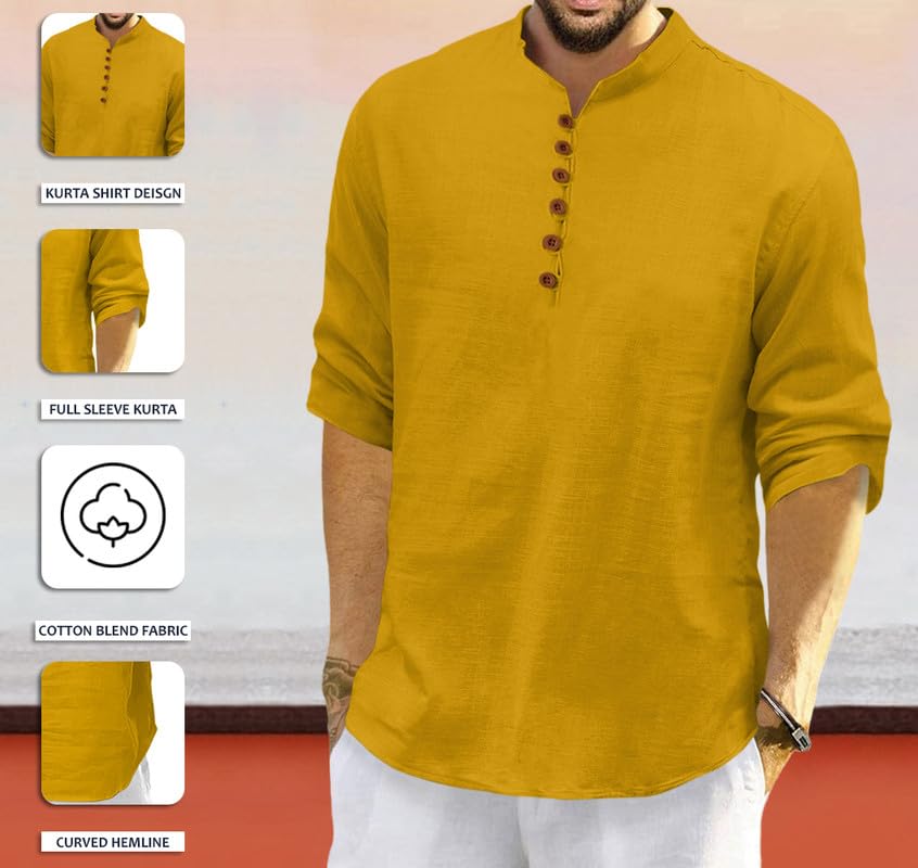 Royalscout Men'S Cotton Polyester Blend Solid Regular Fit Full Sleeve Short Kurta | Ethnic, Lightweight Summer Kurta For Daily & Occasion Use Gold Gold 3Xl