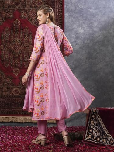 Anni Designer Women'S Cotton Blend Printed Straight Kurta And Pant With Dupatta (Kaleping-Pink_Xl_Pink_X-Large),Pink,XL,Cotton Blend,Regular,
