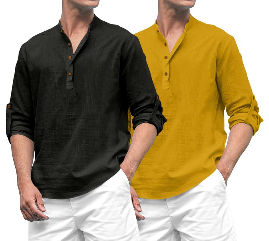 Royalscout Combo Of Men'S Solid Cotton Blend Full Sleeve Straight Kurta Shirt (Pack Of 2) Black-Gold